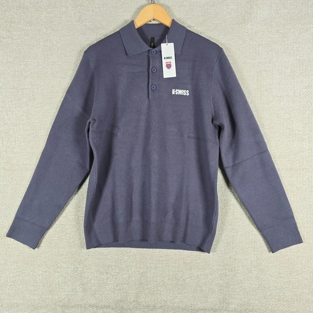 K-Swiss Mens Long Sleeve Polo Sweater Size‎ Small Purple Knit Big Logo NWT